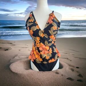 YBL Bathing Suite Size 10 Orange Tropical One Piece Modest Grandmacore Floral